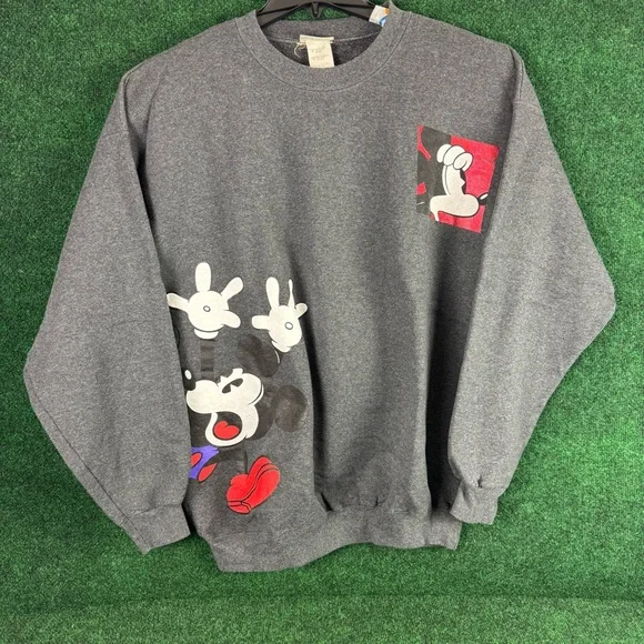 Vintage Scared Mickey Mouse Sweater Disney Wraparound Print Gray Size Large - Picture 1 of 8
